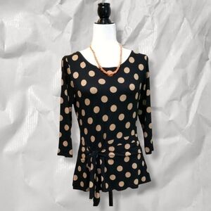 Phase Eight Women's Polka Dot 3/4 Sleeve Top Size 12 Tie At Waist Black/Tan